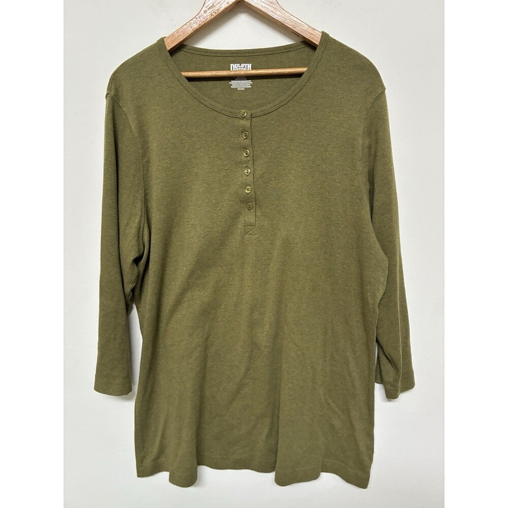 Duluth Trading Co XL Womens Green 1/2 Button Henley Shirt Olive Green Cotton